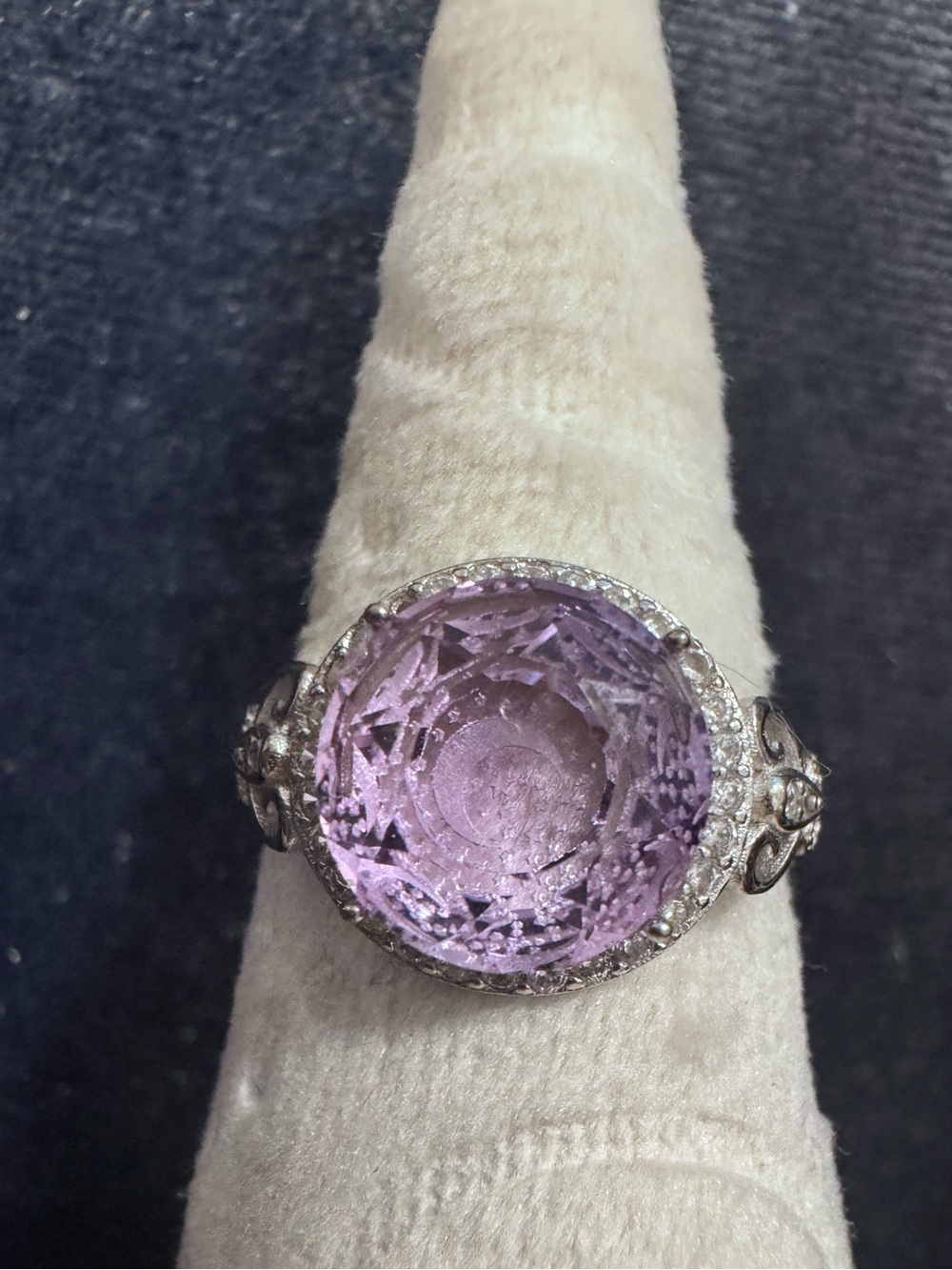 S935 amethyst ring crescent moon lasered halo size 7 FLAW MISSING STONE purple